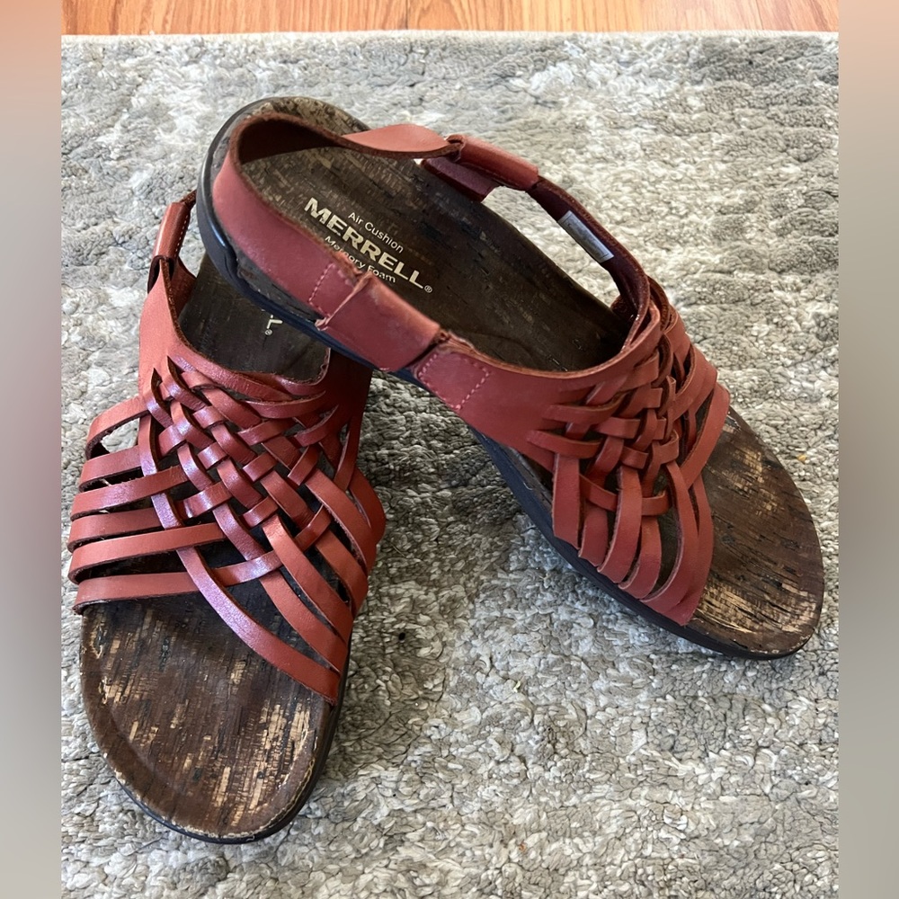Merrell Red Wood Mahana Backstrap Full Grain Leather Sandals Women Size 9